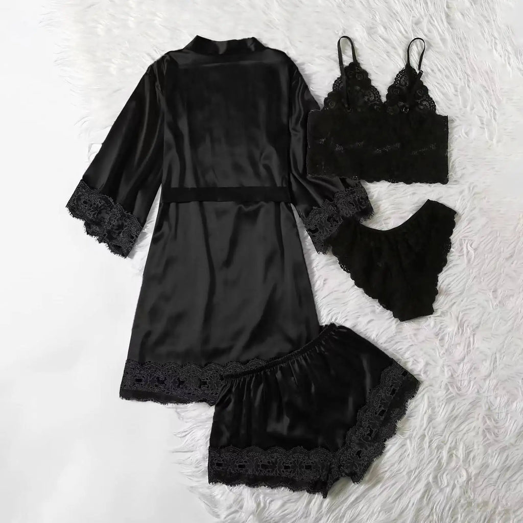 4PCS Women's Long Pajamas Set White Lace Satin Silk Night Lingerie Tops And Shorts Casual Sleepwear Loose Wedding Home Gown