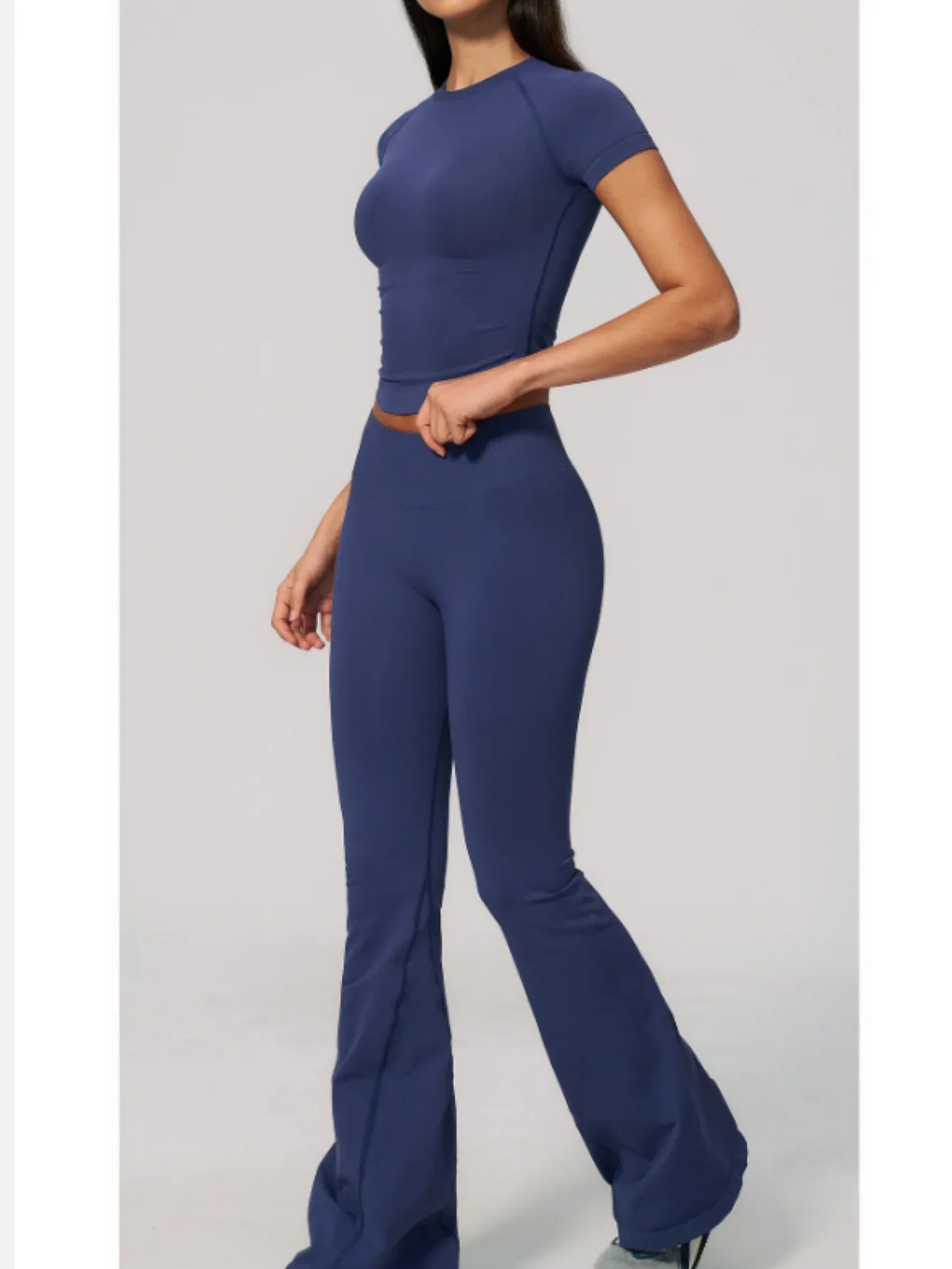 Seamless High Elasticity Yoga Sets Women Short Sleeve O Neck Sports T Shirts Workout Outfits Running Wide Leg Pants Fitness Suit
