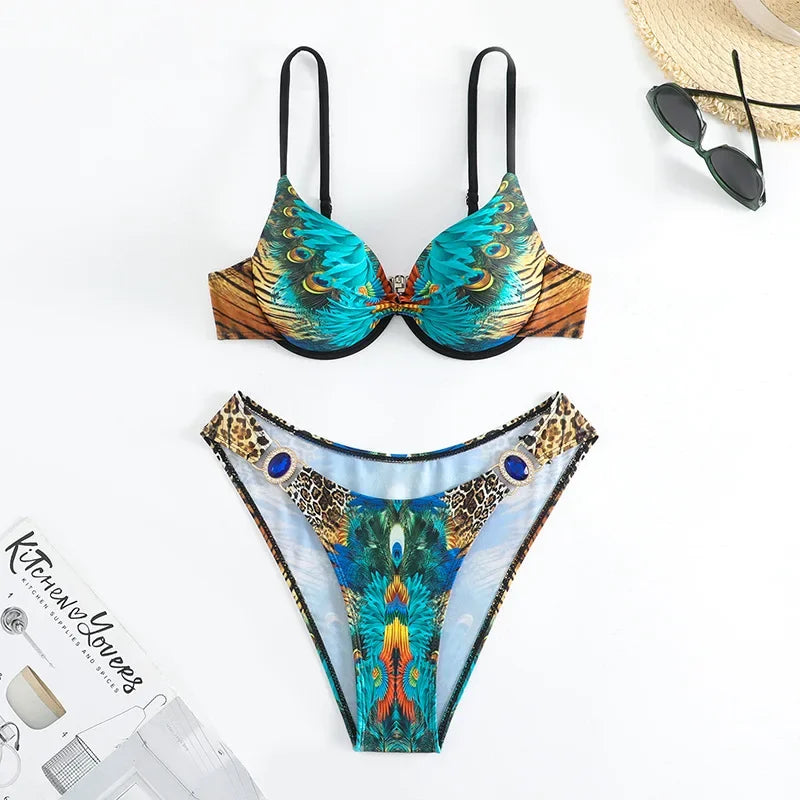 Peacock Leopard Printed Underwired Bra Cup Bikini Women Swimwear Female Swimsuit Two-pieces Bikini Set Push Up Bathing Suit Swim