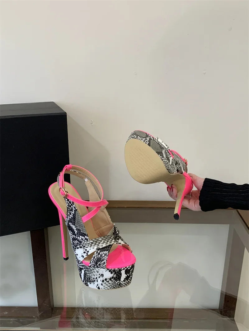 New Sexy Snake Print Leather Platform High Heels Sandals Women Fashion Peep Toe Buckle Strap Stiletto Party Dress Shoes