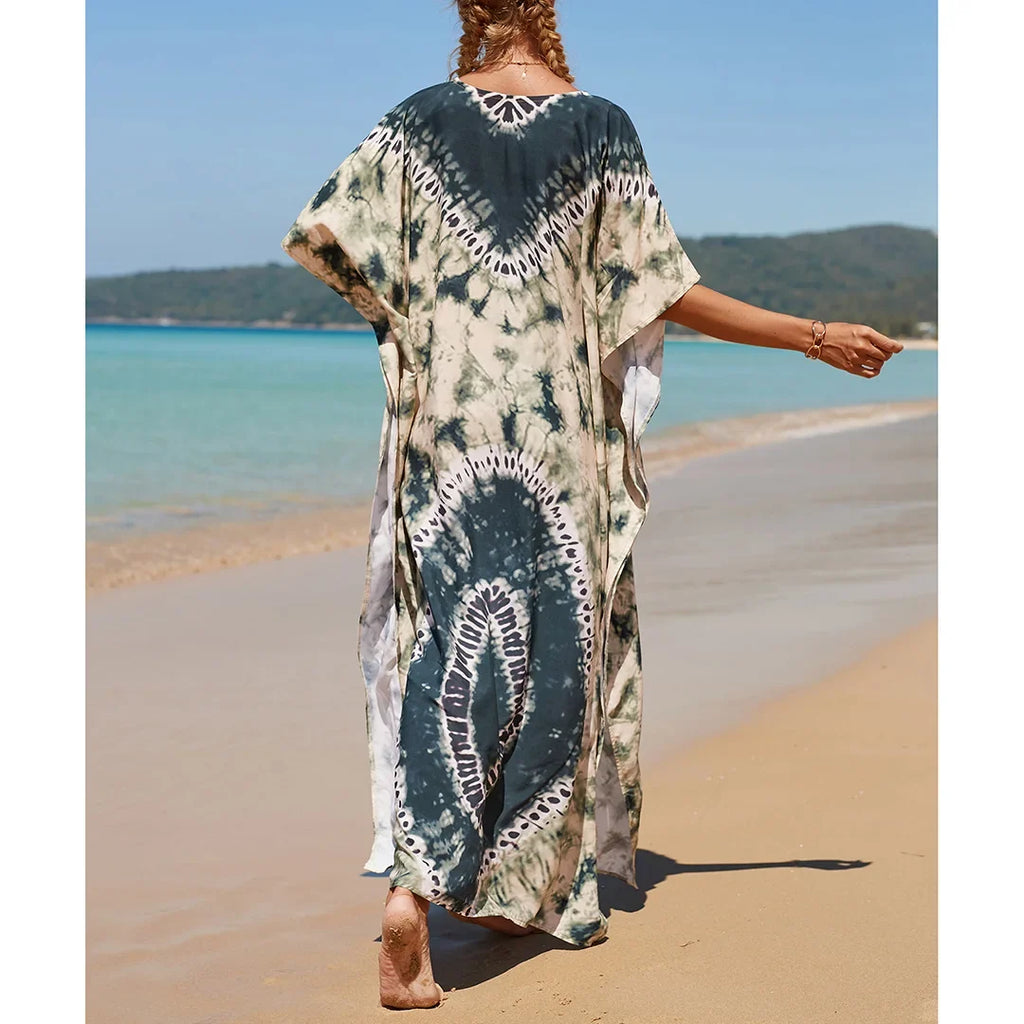 2026 New Colorful Kaftan Tunic Beach Dress Beach Wear Beachwear Beach Cover Up Cover-upsLoose Maxi Dress Female Women V4428
