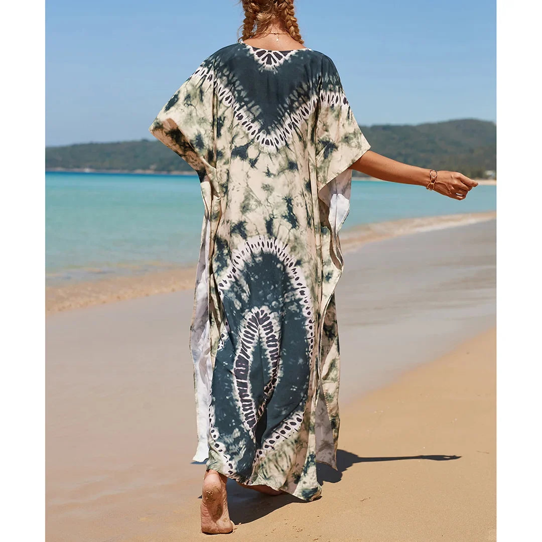 2026 New Colorful Kaftan Tunic Beach Dress Beach Wear Beachwear Beach Cover Up Cover-upsLoose Maxi Dress Female Women V4428