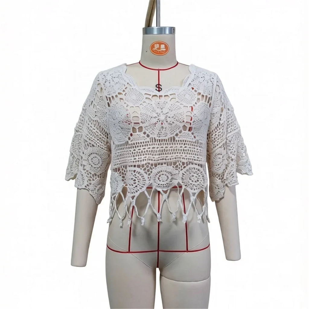 Half Sleeve Hollow Out Solid Crochet Knitted Tunic Beach Cover Up Cover-ups Beach Dress Beach Wear Beachwear Female Women V8401