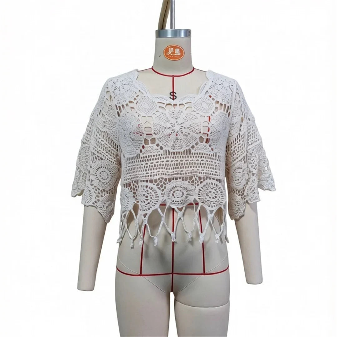 Half Sleeve Hollow Out Solid Crochet Knitted Tunic Beach Cover Up Cover-ups Beach Dress Beach Wear Beachwear Female Women V8401