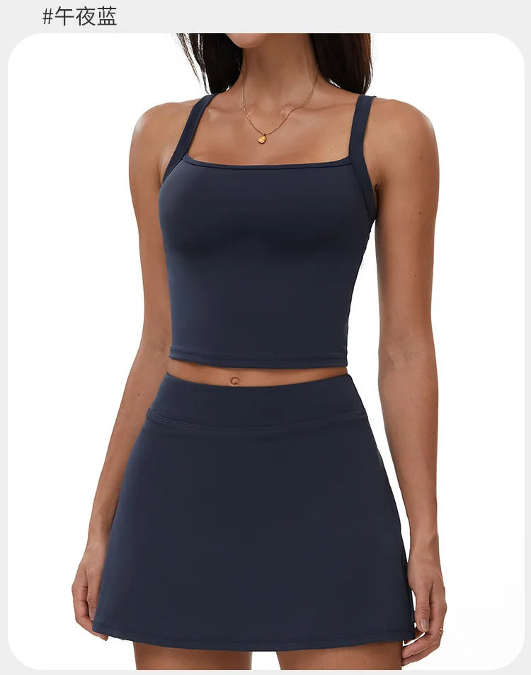 2 Piece Yoga Skirt Set Women Outdoor Neck Hanging Sports Vest High Waist Pleate A Line Skorts Fitness Suit Gym Workout Clothes