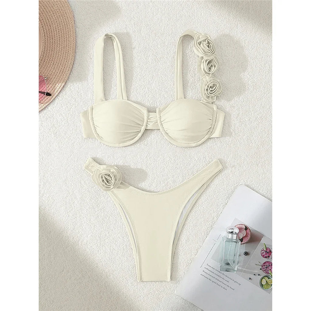 Sexy 3D Flowers Underwired Bikini Women Swimwear Female Swimsuit Two-Pieces Bikini Set Brazilian Bather Bathing Suit Swim V7970