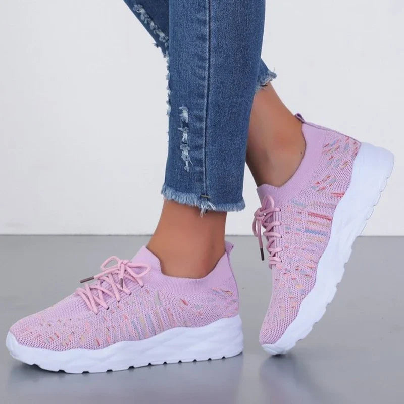 Mixed Color Knitted Platform Sneakers Women Spring Summer Casual Thick Sole Sports Shoes Woman Lace Up Non Slip Walking Shoes