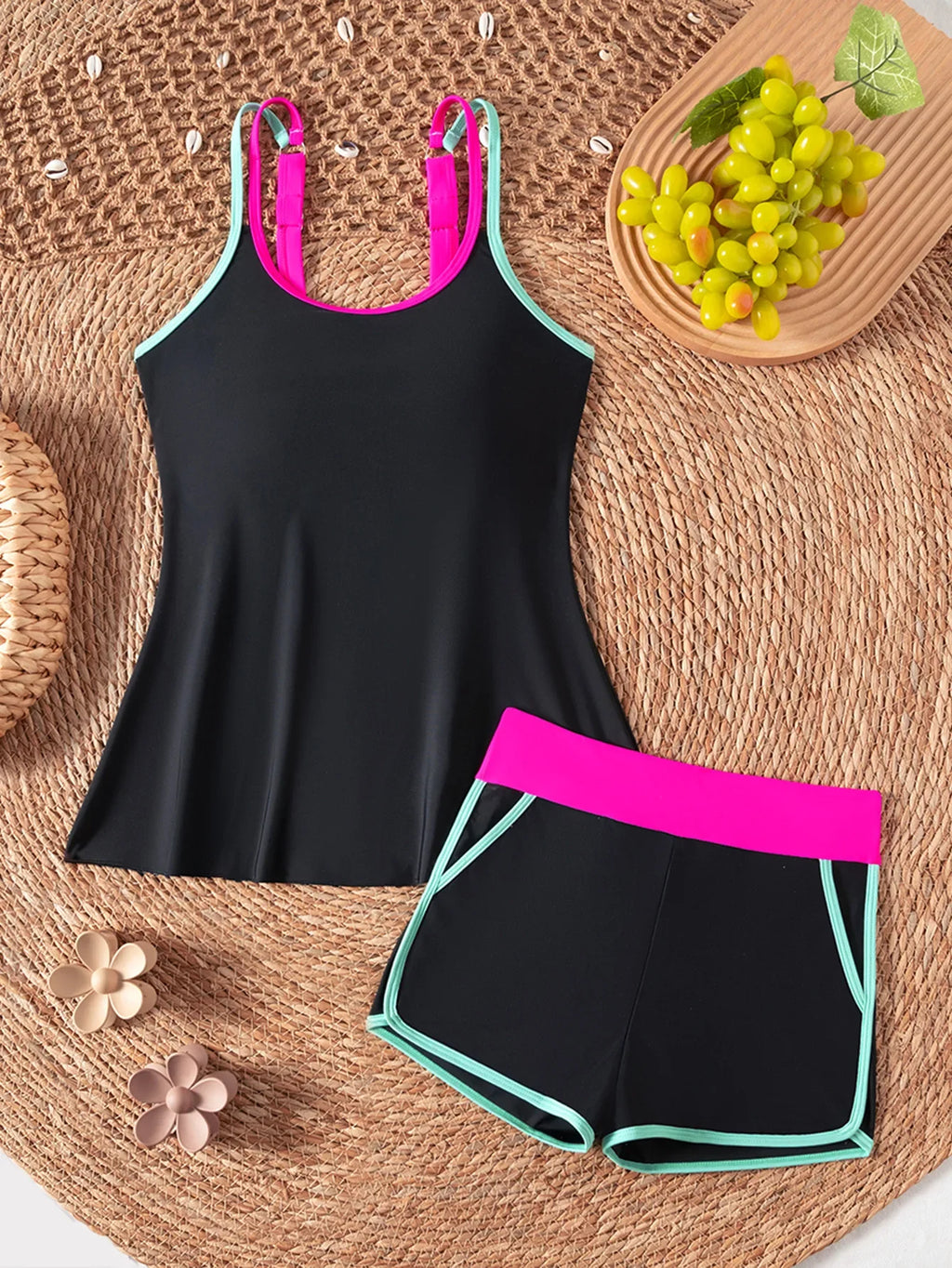 Black White Patchwork Tankini Set Swimwear Women 2026 Double Strap Push Up Tank Top High Waist Pocket Short Two Piece Swimsuit