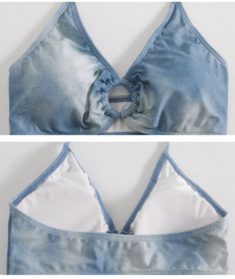 Swimsuit Women's Blue Tie Dye Split Bikini Cover, Sexy Women's Hot Spring Swimsuit Three Piece Set