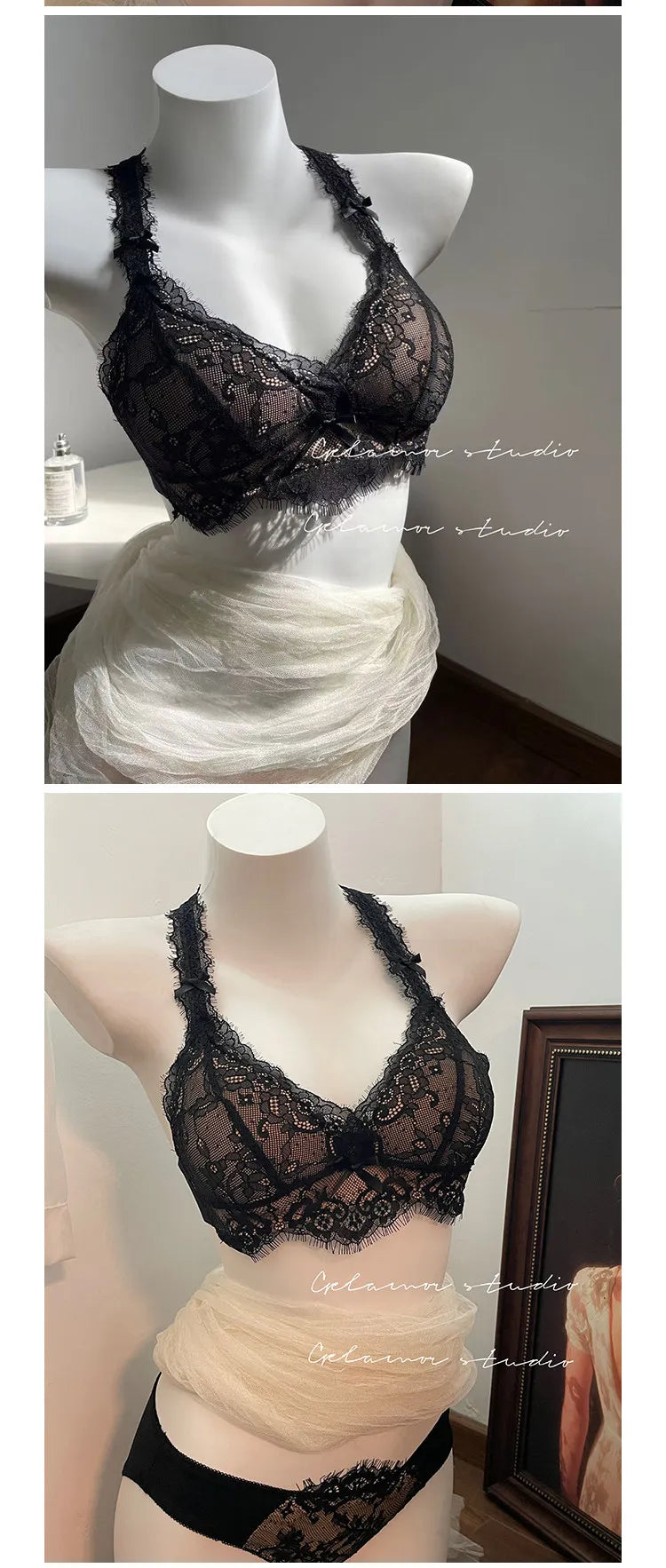 Elegant French Halter Neck Bra Set, Lace Wireless Bralette for Small Bust, Push Up Sensual Underwear Bralette & Panty MOYISU Bra