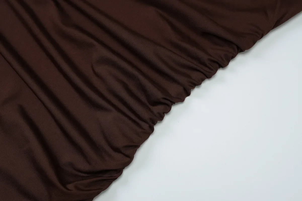 FDYOUI Woman Clothes Diagonal Collar Ruched Brown Long Dresses 2026 Summer Lady Chic One Shoulder Sleeveless Tunics Party Dress