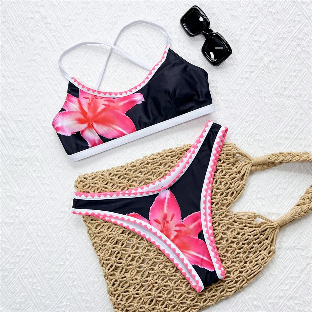 Sexy Flowers Printed Brazilian Bikini Female Swimsuit Women Swimwear Two-Pieces Bikini Set Padded Bather Bathing Suit Swim V6705