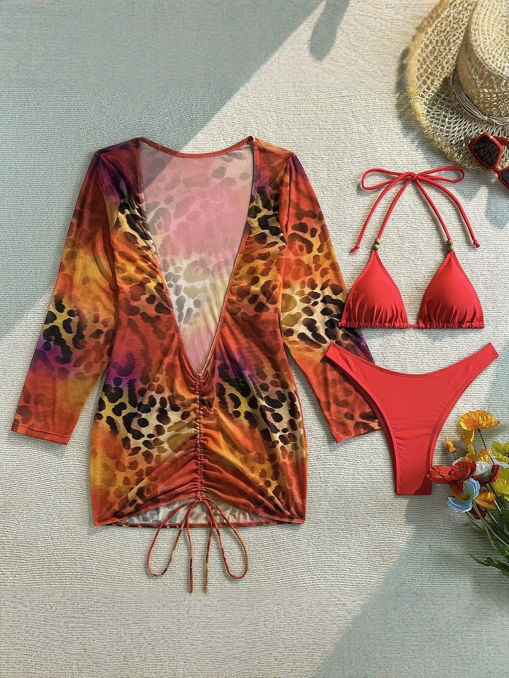 DEKA Three pieces Bikini Set Bather Bathing Suit Swim Long Sleeve Flower Printed Bikini Female Swimsuit Women Beachwear Swimwear