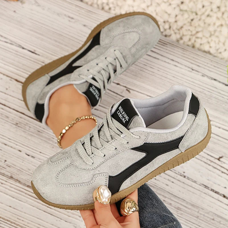 Fashion Gray Suede Flats Sneakers Women Non Slip Lace Up Platform Sneakers Woman Comfortable Thick Sole Sports Running Shoes