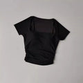 Women's yoga fitness short sleeved T-shirt, fixed chest cushion mesh fake two-piece yoga training fitness top