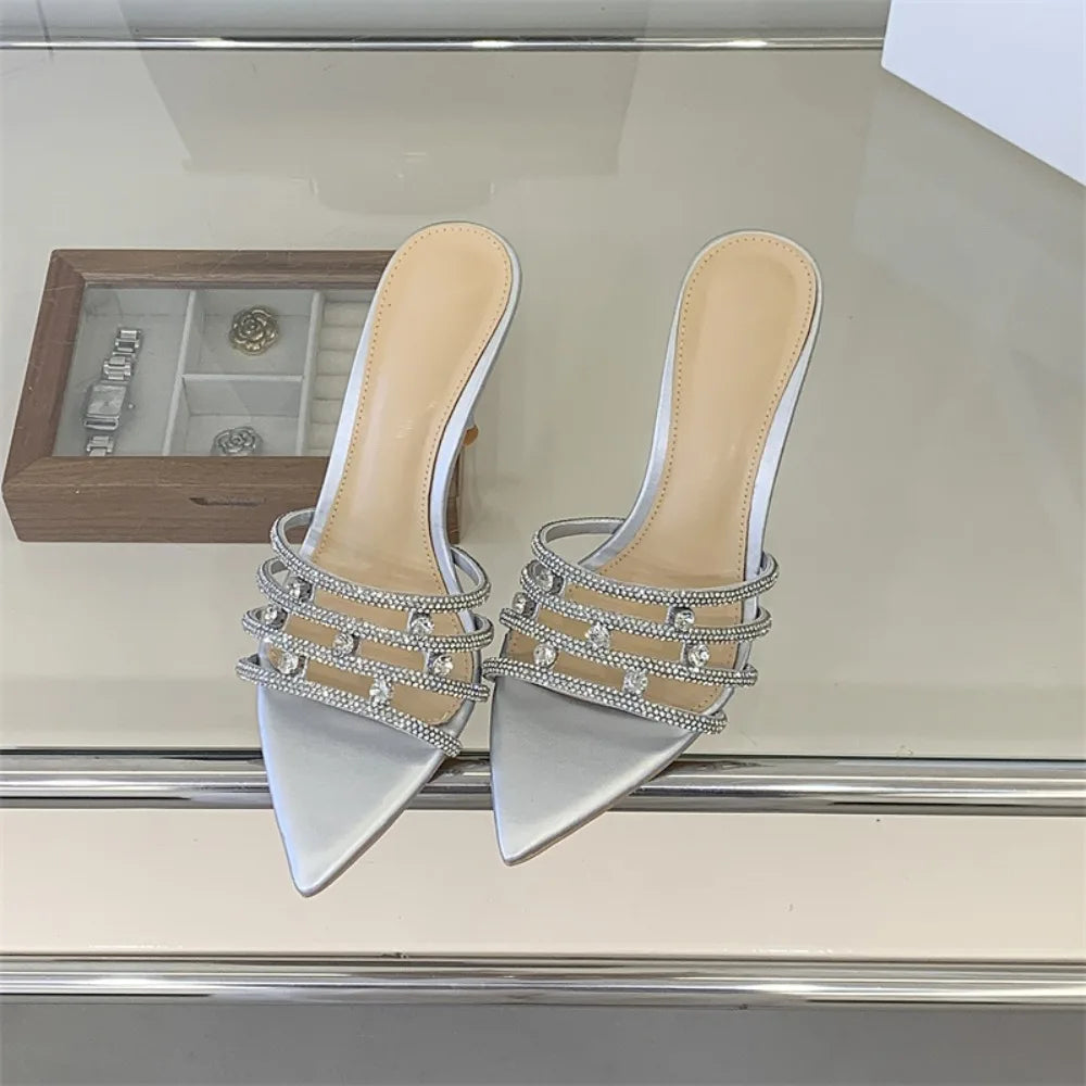 Fashion Crystal Rhinestone Thin High Heels Slippers Summer Pointed Toe Open Toes Woman Retro Slippers Party Dress Shoes New