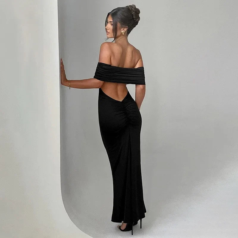 Temperament Slim Strapless Long Dress Women Solid Color Sexy Off-shoulder Backless Package Hip Sleeveless Club Party Dresses