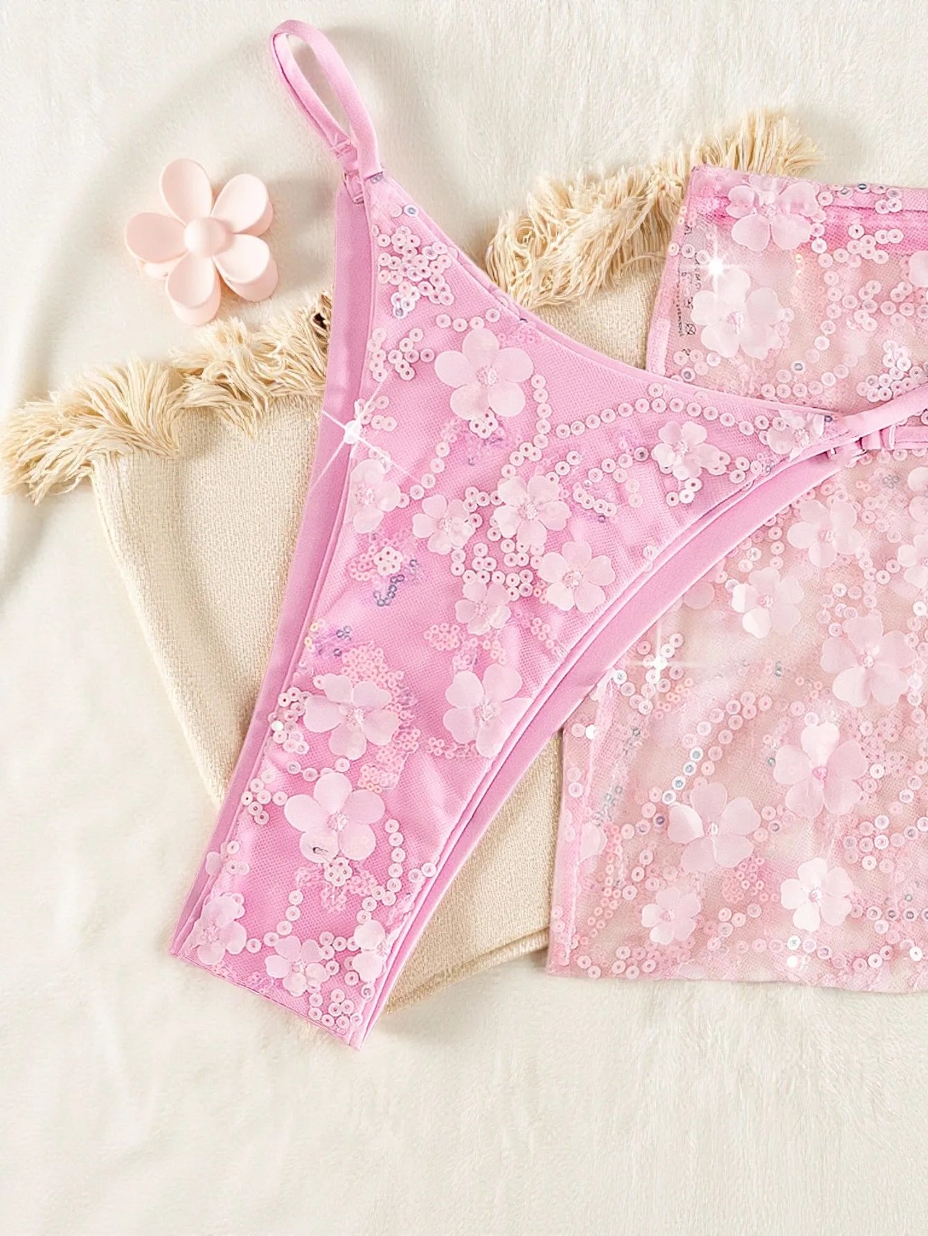 2026 New Sexy 3 Pieces Suit Swimwear for Women Floral Print Swimsuit Sequins Decor Micro Bikini Mesh Skirt Cover-up Beachwear