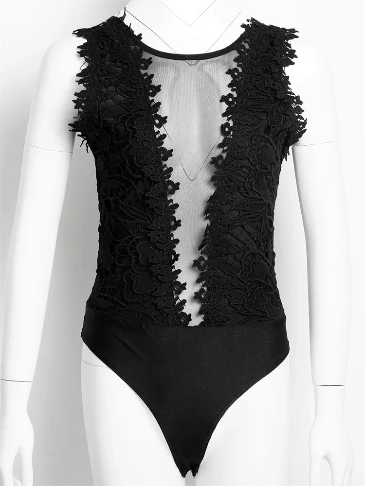 Sexy Lace Floral Bodysuits Women Summer Sleeveless V Neck Bodycon Bodysuit Jumpsuit Party Club Vintage Body Top Femme