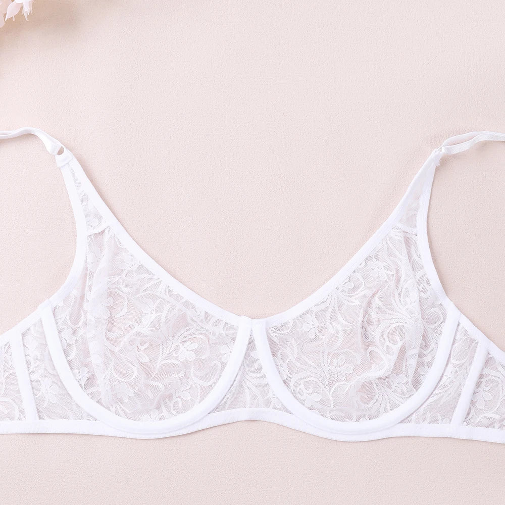 3 Pcs Womens Lace Bra Underwire BH Hollow Out Embroidery Perspective Sexy Underwear Lingerie Tops Plus Size Brassiere