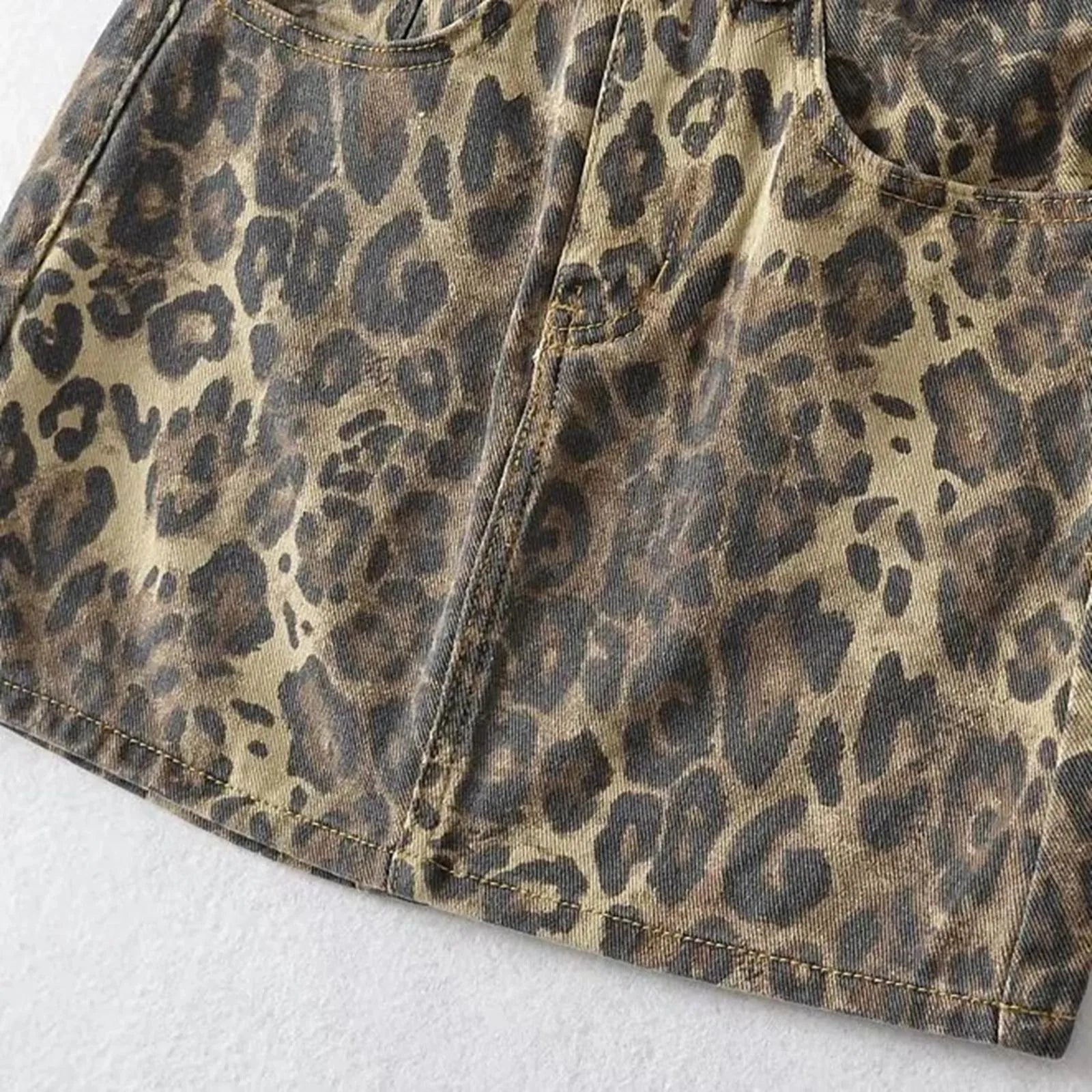 Womens Leopard Print Denim Mini Skirt High Waist Bodycon Pencil Skirts Sexy Slim Fit Hip Wrapped Night Club Skirts Streetwear