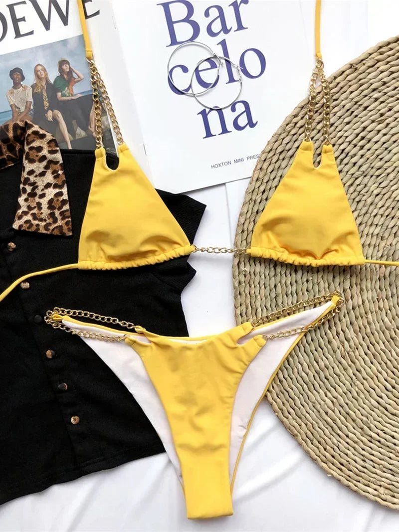Sexy Cow Print Halter Metal Chains Brazilian Bikini Women Swimsuit Female Swimwear Two Pieces Bikini Set Bathing Suit Swim Lady