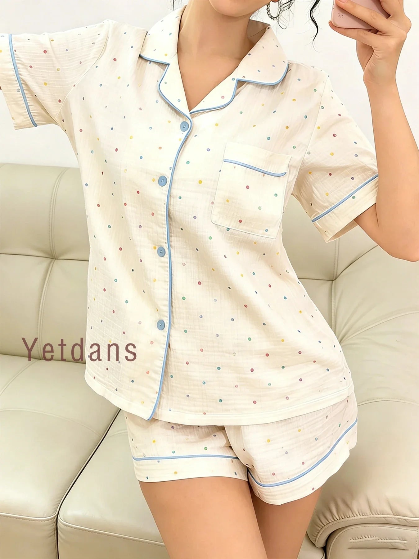 Women's Cotton Polka Dot Printed Pajama Set With Contrast Trim Button-Down Shirt & Shorts Homewear Summer Set Two Pieces Set Pj