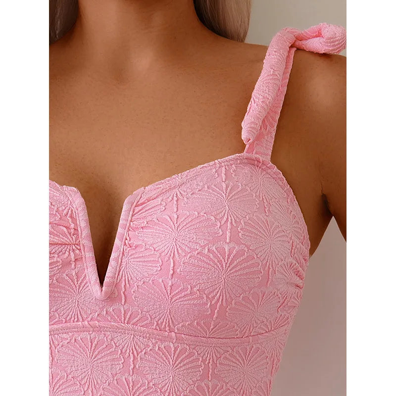 Vintage Pink Floral Print Swimwear Women 2026 Tie Strap V Neck Slim Tummy Control One Piece Swimsuit Beach Holiday Bathing Suits