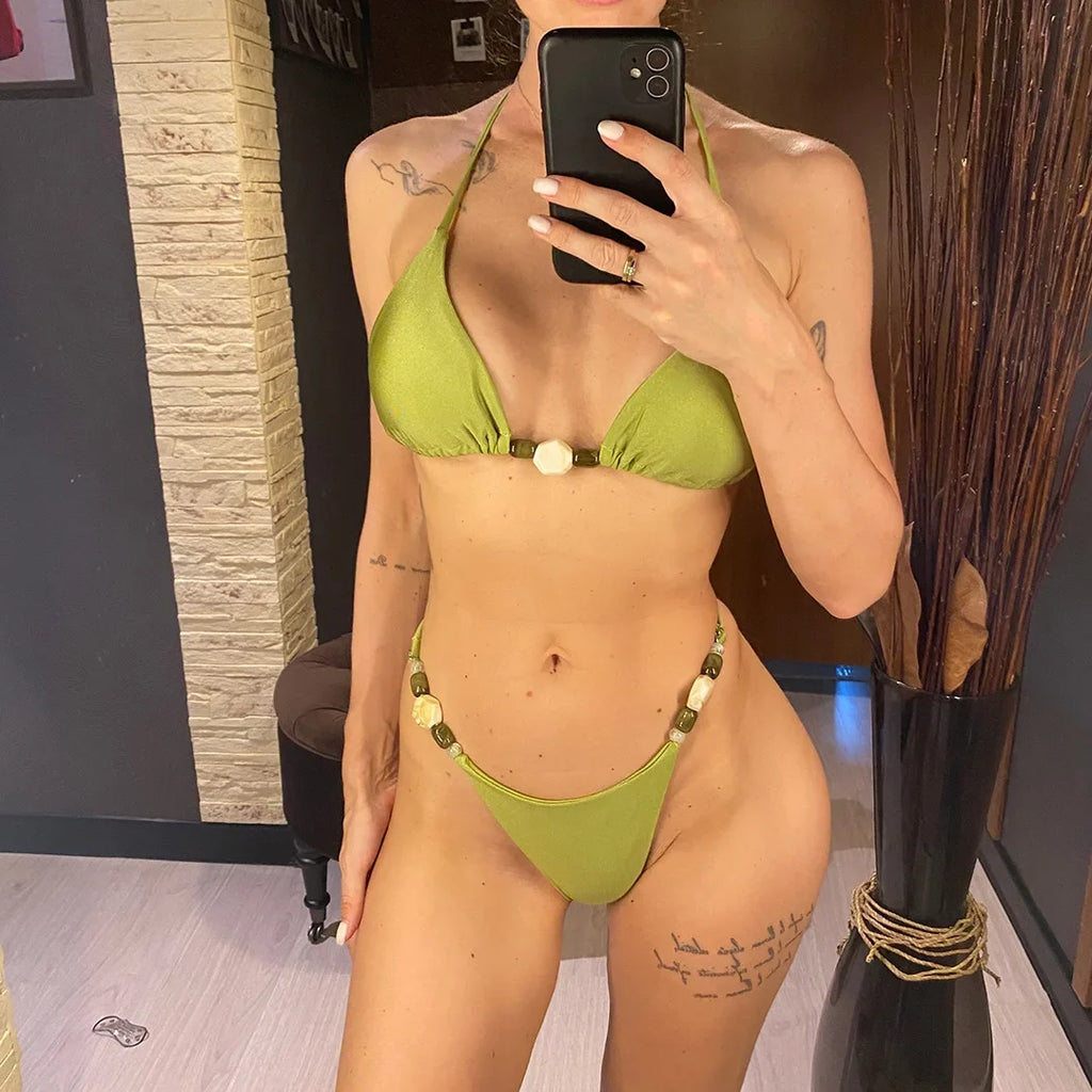 Sexy Shiny Halter High Leg Cut Bikini Women Swimwear Female Swimsuit Two-Pieces Bikini Set Padded Bather Bathing Suit Swim V6601