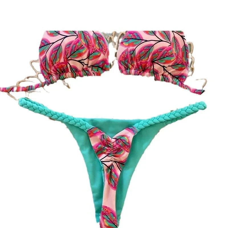 DEKA Sexy Green Floral Print Bikini Set Swimwear Women Braiding Rope Strap Patchwork Bandage Push Up Bathing Suit Thong Swimsuit