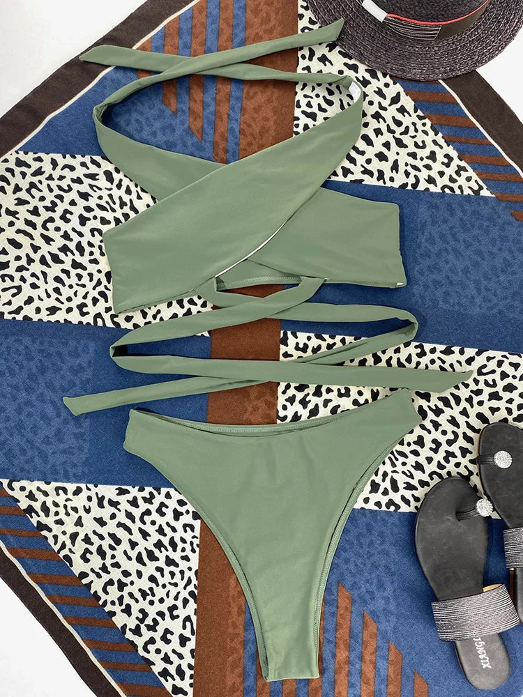 Halter Cross Bandage High Cut Bikini Women Swimsuit Female Swimwear Two-pieces Bikini Set Hollow Out Bather Bathing Suit Swim