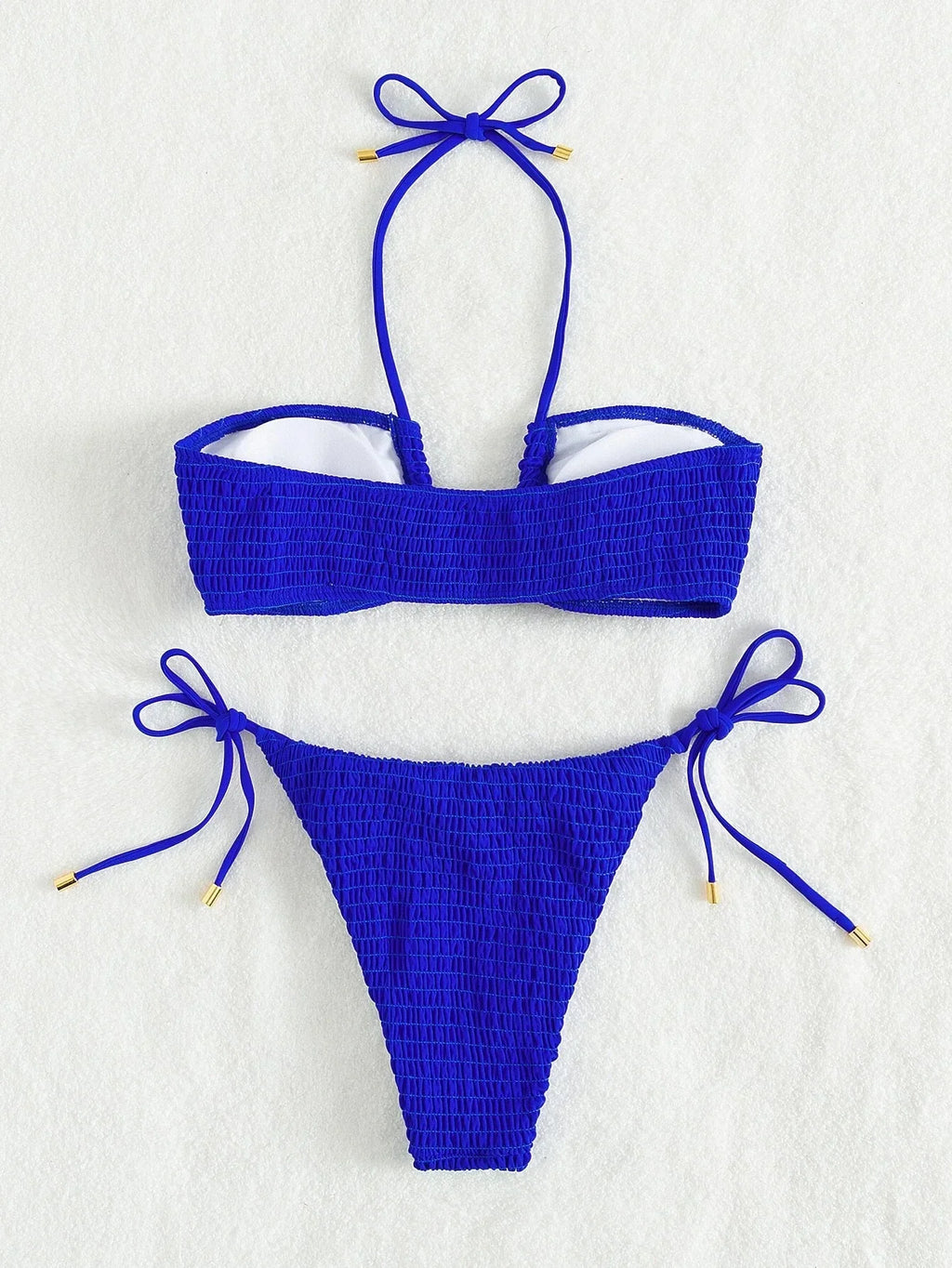 Halter Tie Side Pleated Smocked Bikini Women Bandeau Swimsuit Female Swimwear Two Pieces Bikini Set Bathing Suit Swim Beach Wear