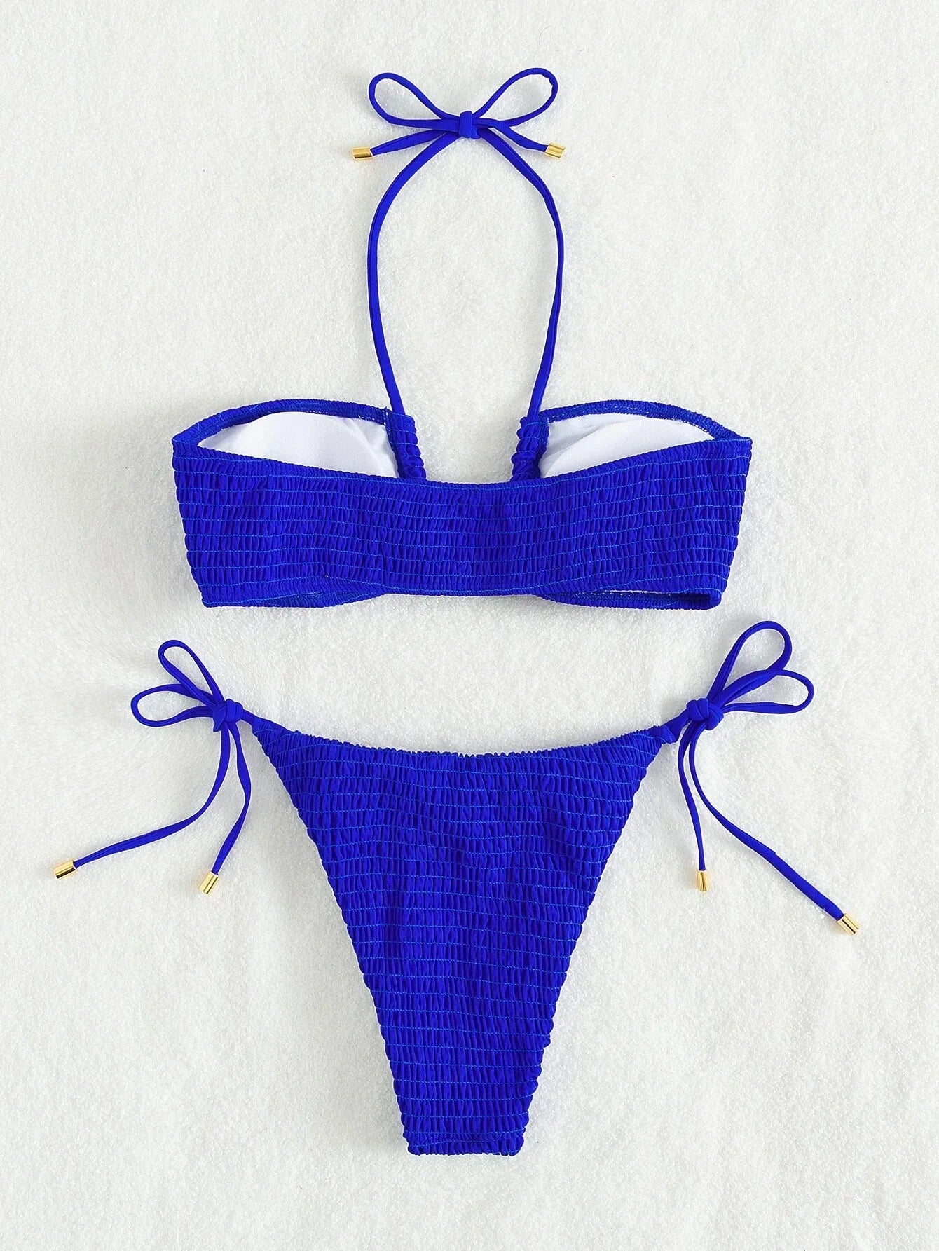 Halter Tie Side Pleated Smocked Bikini Women Bandeau Swimsuit Female Swimwear Two Pieces Bikini Set Bathing Suit Swim Beach Wear