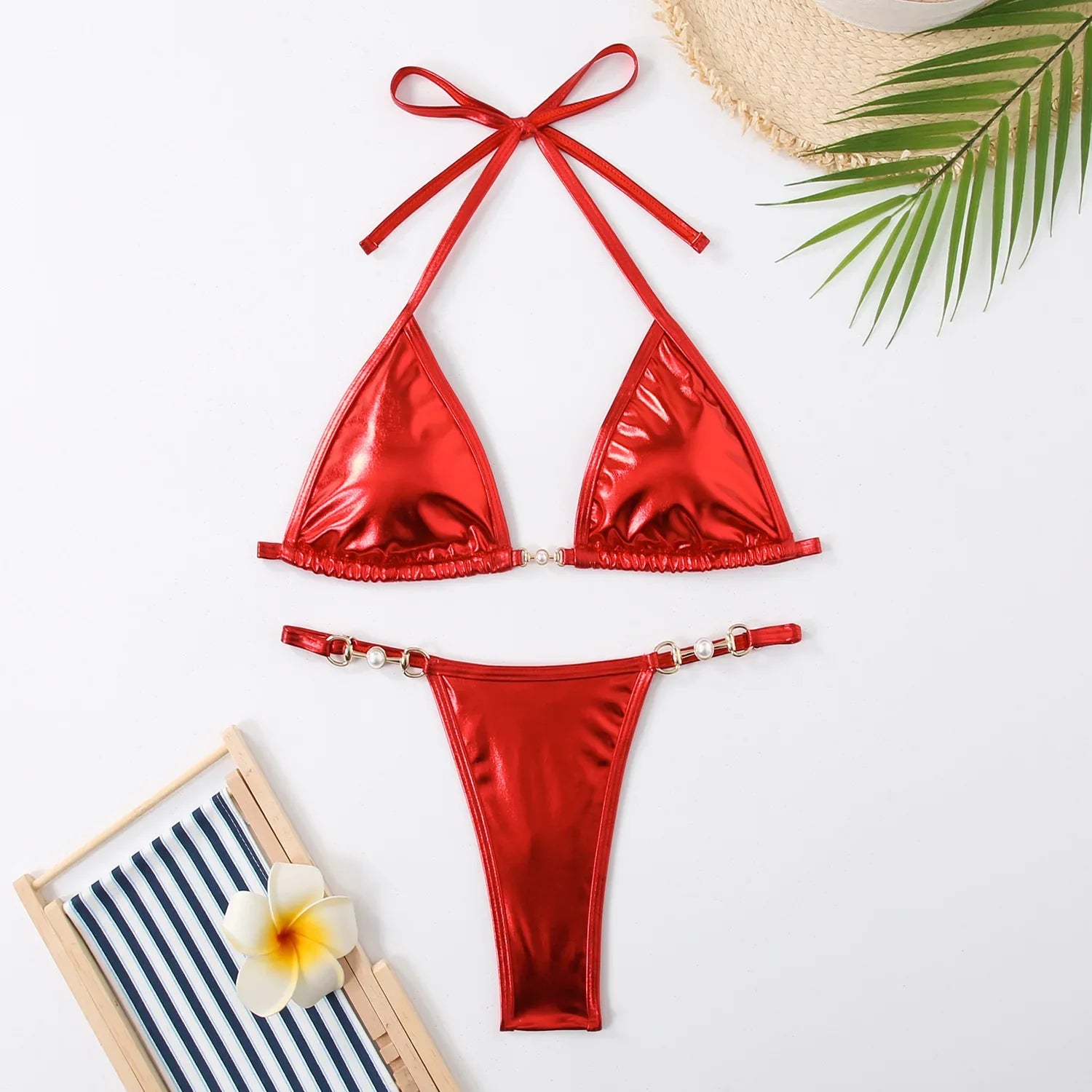 New Micro Bikini Set for Woman Chain Link Swimsuit Sexy Backless Neck Lace-up Bathing Suit Beachwear Female Push Up Swimwear