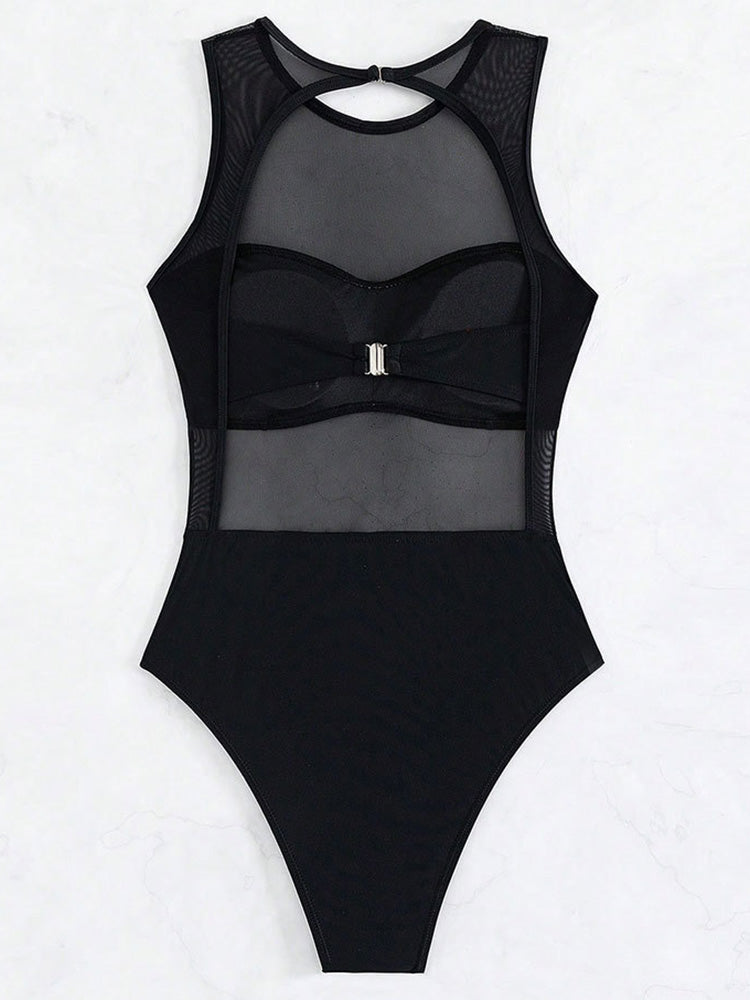 Sexy See Through Black Mesh Sheer Women Swimwear One Piece Swimsuit Female Monokini Backless Bathing Suit Swim Beach Wear Lady