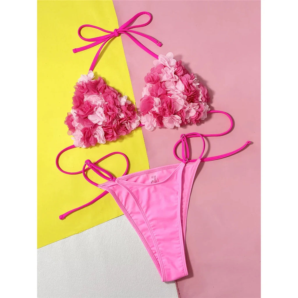 Sexy 3D Flowers Halter High Leg Cut Bikini Women Swimwear Female Swimsuit Two-Pieces Bikini Set Bather Bathing Suit Swim V5386