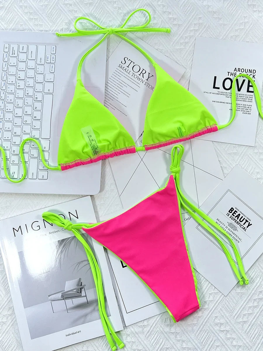 Zebra Print Halter micro Bikini 2025 women Bandeau String Swimsuit Female swimwear Neon Shiny bikini set Leopard Bathing Suit