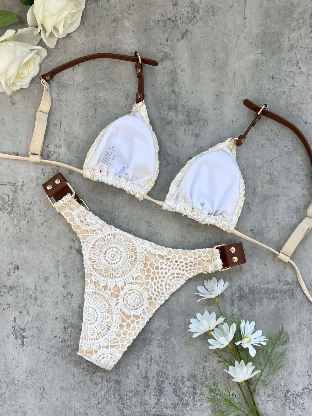 2025 Boho Crochet Bikini Set Cream Knit with Leather Straps Metal Buckles Perfect for Beach Wear Pool Parties Summer Getaways