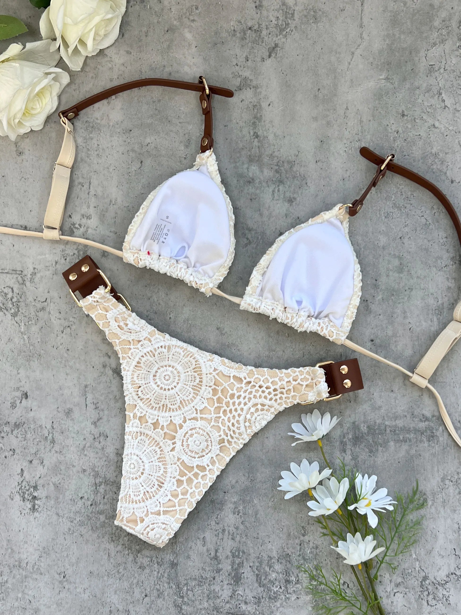 2025 Boho Crochet Bikini Set Cream Knit with Leather Straps Metal Buckles Perfect for Beach Wear Pool Parties Summer Getaways