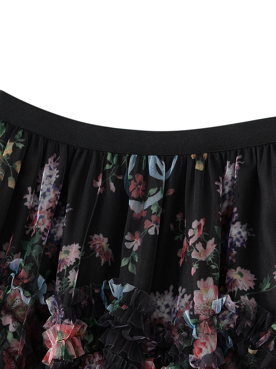 Early Fall Floral Print Ruffle Mesh Skirt Women Irregular Flowy A-line Midi Skirt for Travel, Beach, Shopping