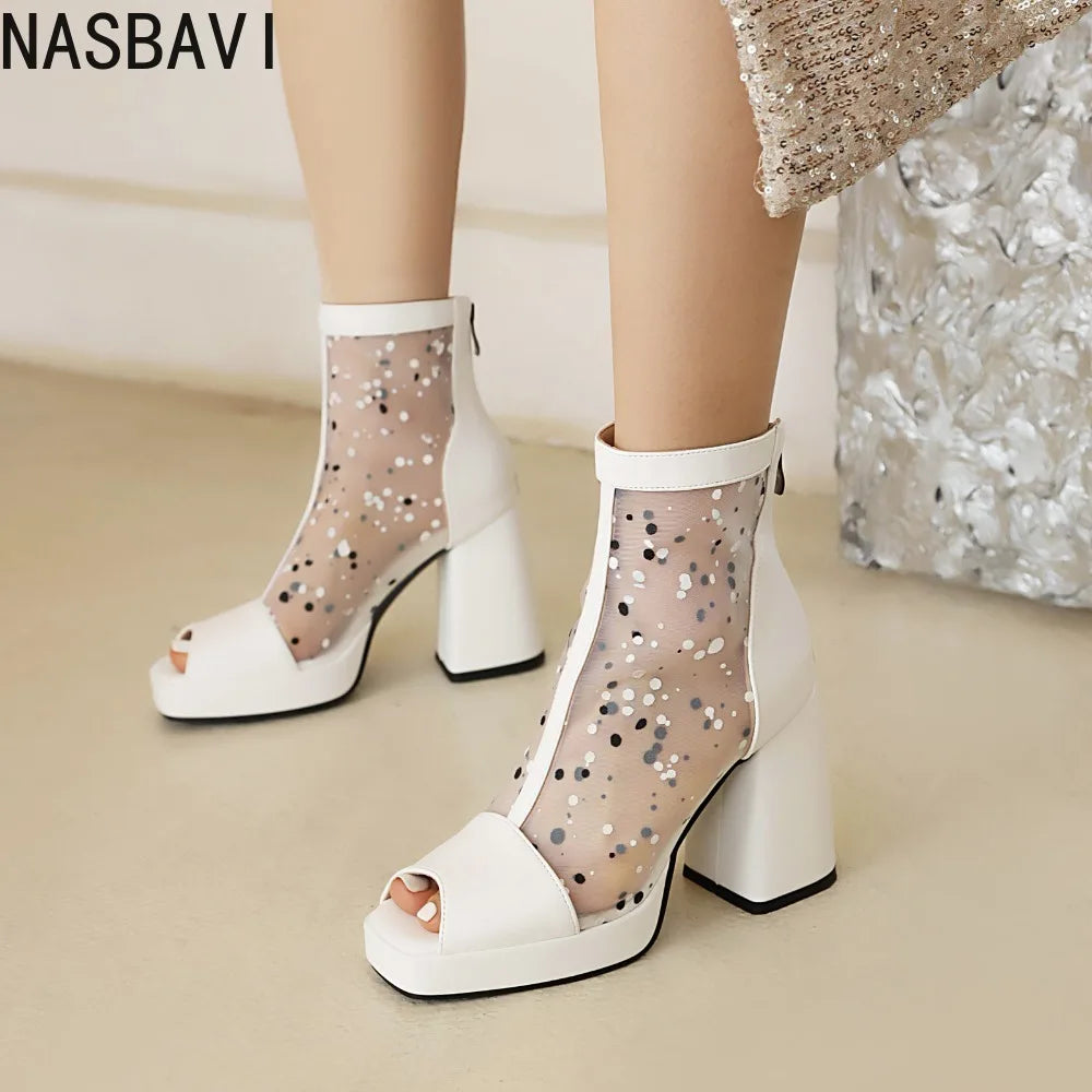 White Polka Dot Mesh Peep Toe Chunky Block Heel Platform Back Zipper Ankle Sandal Boots for Women