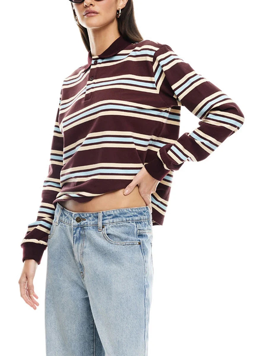 Women's Fall Striped Print T-Shirt Contrast Color Long Sleeve Lapel Neck Button-up Casual Pullover Tops