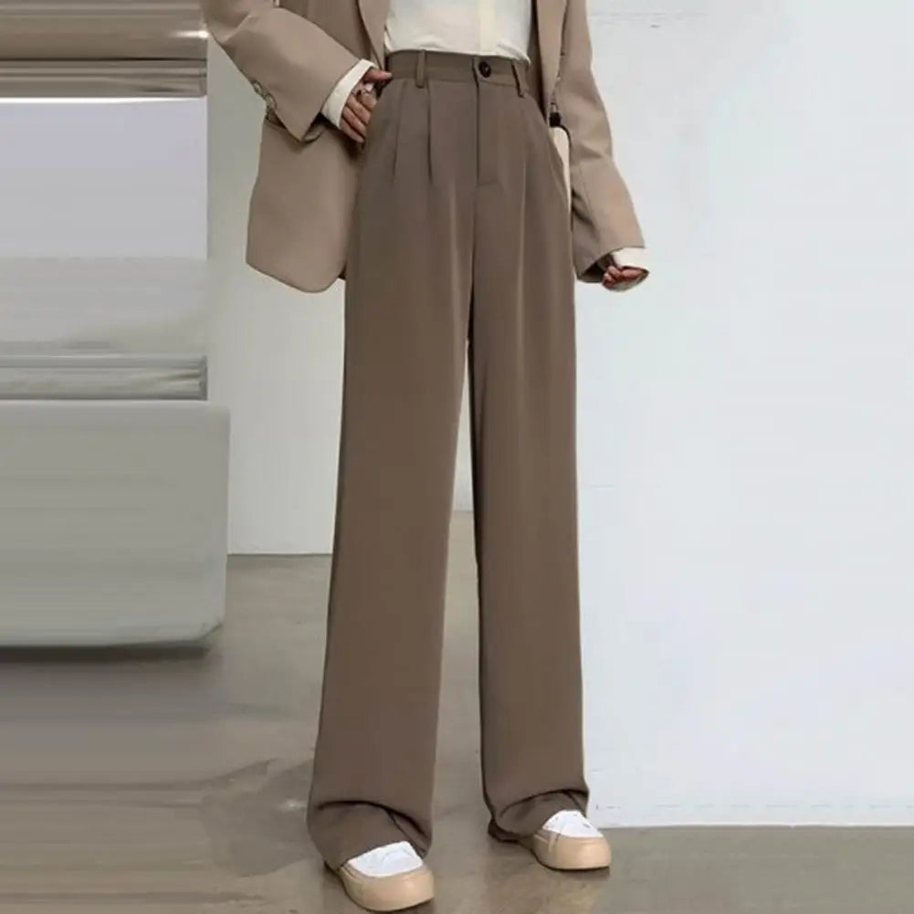 Women High Waist Straight Wide Leg Pants Solid Color Suit Pants Elastic Slant Pockets Loose Office Trousers