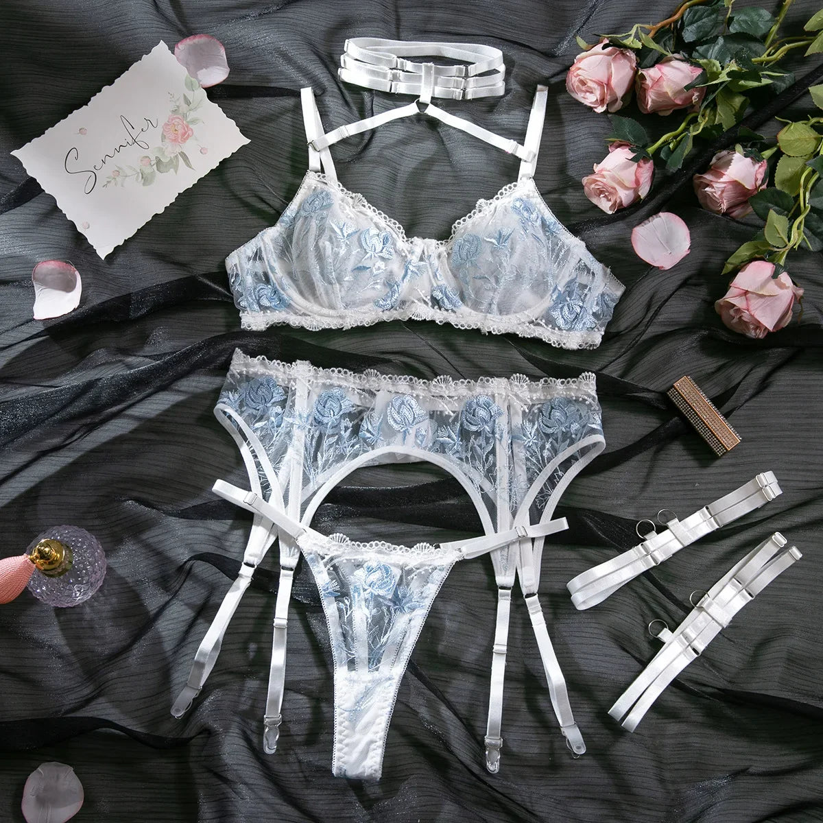 Toucheart Sexy Lingerie Set Lace Patchwork Embroidery Bra Set For Women Perspective Sexy Hanging Neck Underwear Garter Stockings