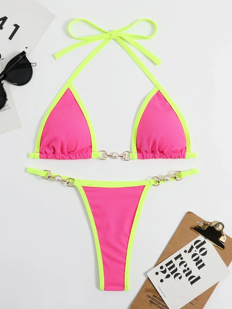 Pearl Thong Bikinis 2025 Women Sexy Triangle Swimsuit Solid Brazil Swimwear Female Padded Bathing Swimming Suit Beachwear Summer