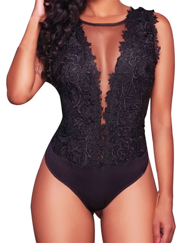 Sexy Lace Floral Bodysuits Women Summer Sleeveless V Neck Bodycon Bodysuit Jumpsuit Party Club Vintage Body Top Femme
