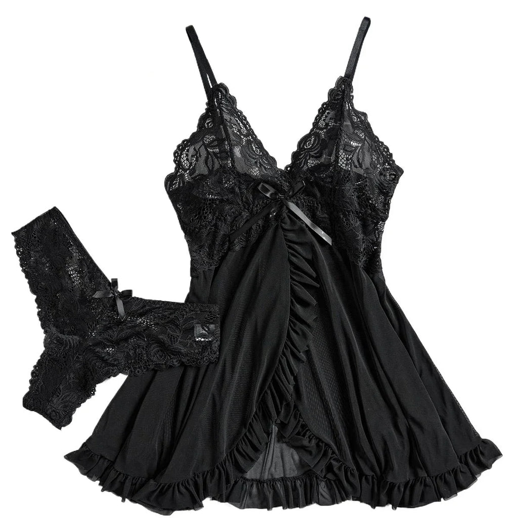 Women Nightdress Lace Chemise Bow Nightgown Sleepwear Mini Dress Plus Size Babydoll Lingerie Sleepdress Nighty