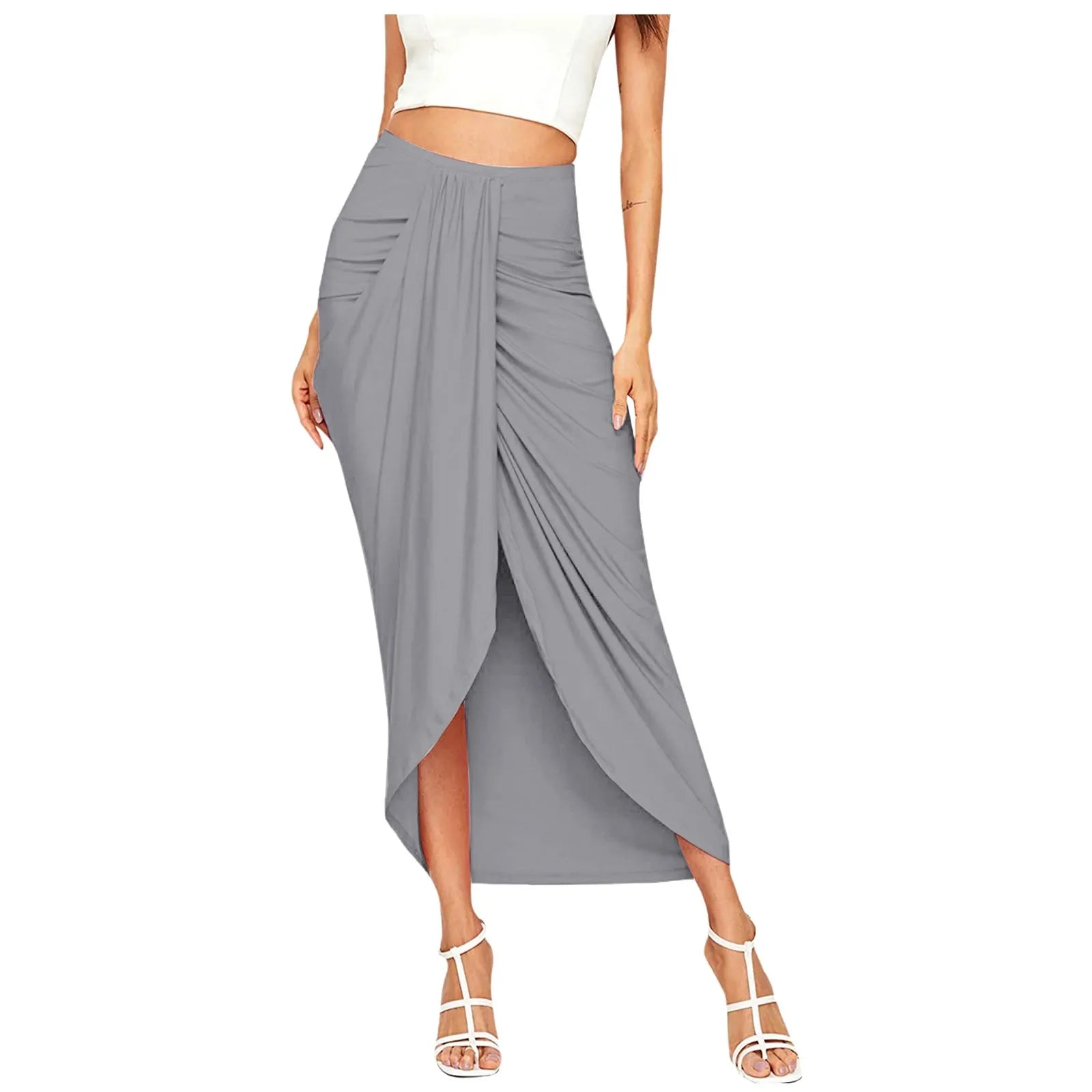Women's High Waisted Ruched Maxi Skirt Pleated Solid Asymmetrical Split Hem Long Skirt Casual Draped Wrap Bodycon Summer Skirts