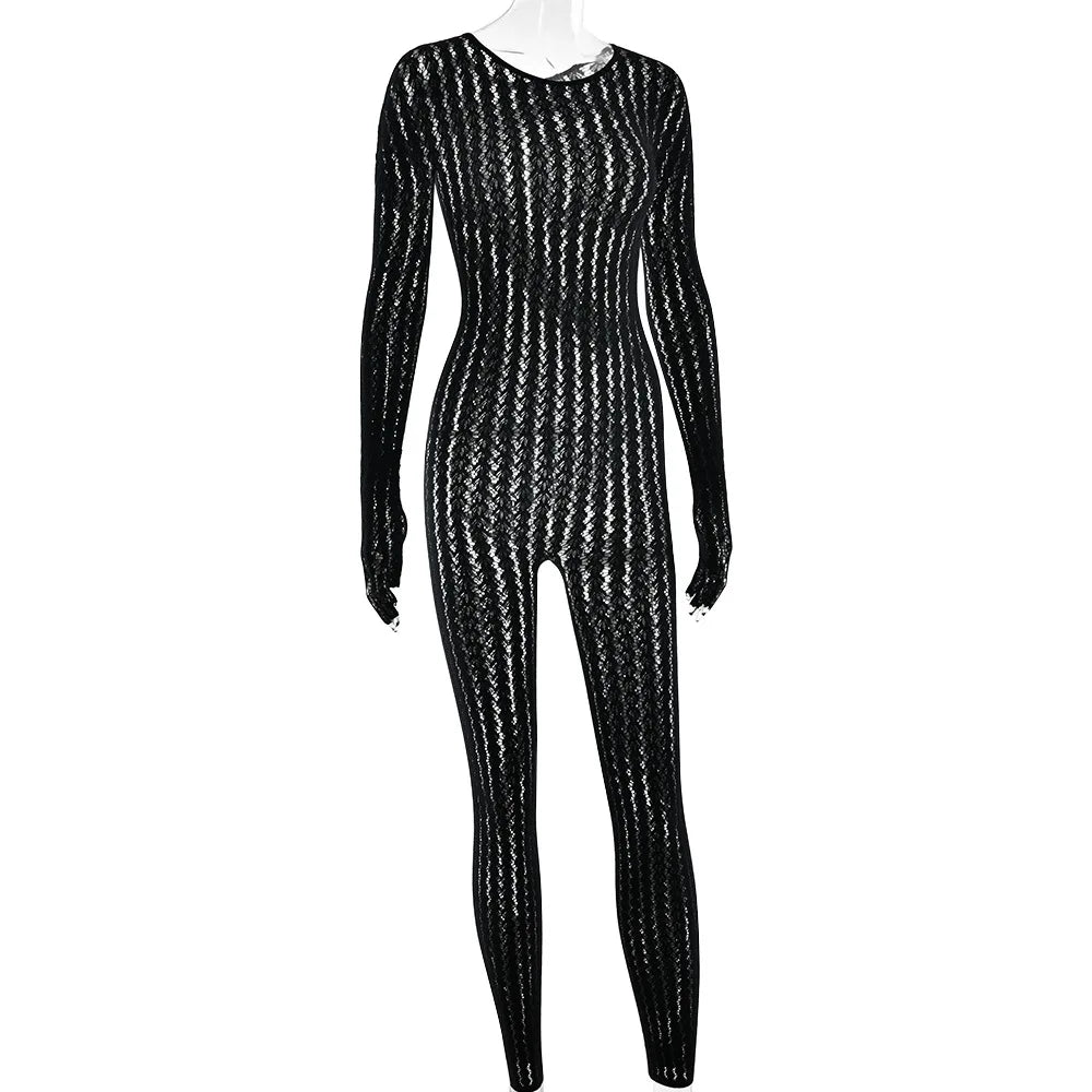 FDYOUI Sexy See-through Bodysuit Women's Long Sleeve Night Club Overalls Black Streetwear Lady Chic One Piece Party Jumpsuits