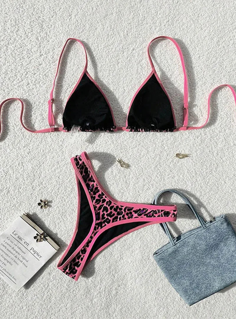 Sexy Leopard Print Bikini 2 Piece Set Women Laced Up Split Swimsuit Low Waist Beachwear 2025 New Summer Swimwear Bikinis Set